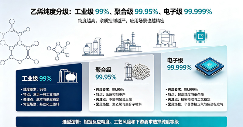 乙烯纯度分级：工业级 99%、聚合级 99.95%、电子级 99.999%